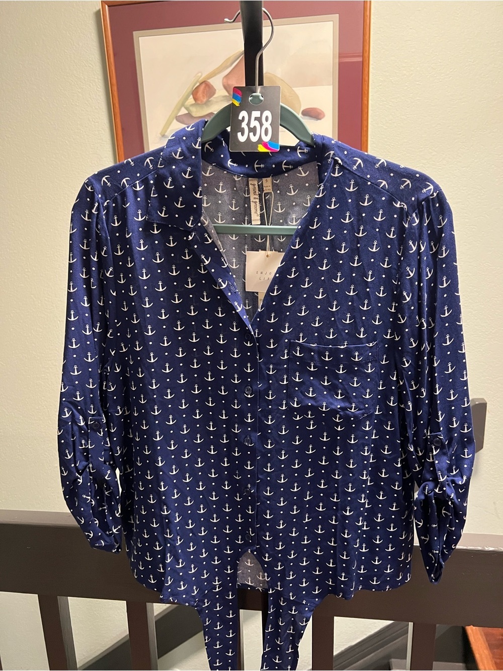 NWT Navy Anchor Print Button-Up Blouse Toe Bottom, 3/4 Sleeves #358